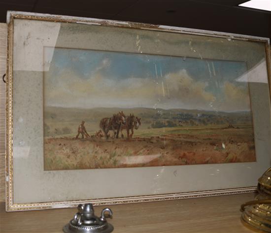 A watercolour, ploughing scene 23 x 47cm.